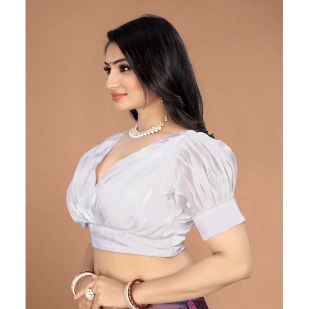 Organza white free size blouse, half sleeve v-neck ready-made top for women