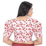 Red cotton blend floral ready-made blouse for women, short sleeve V-neck design with floral pattern on free size