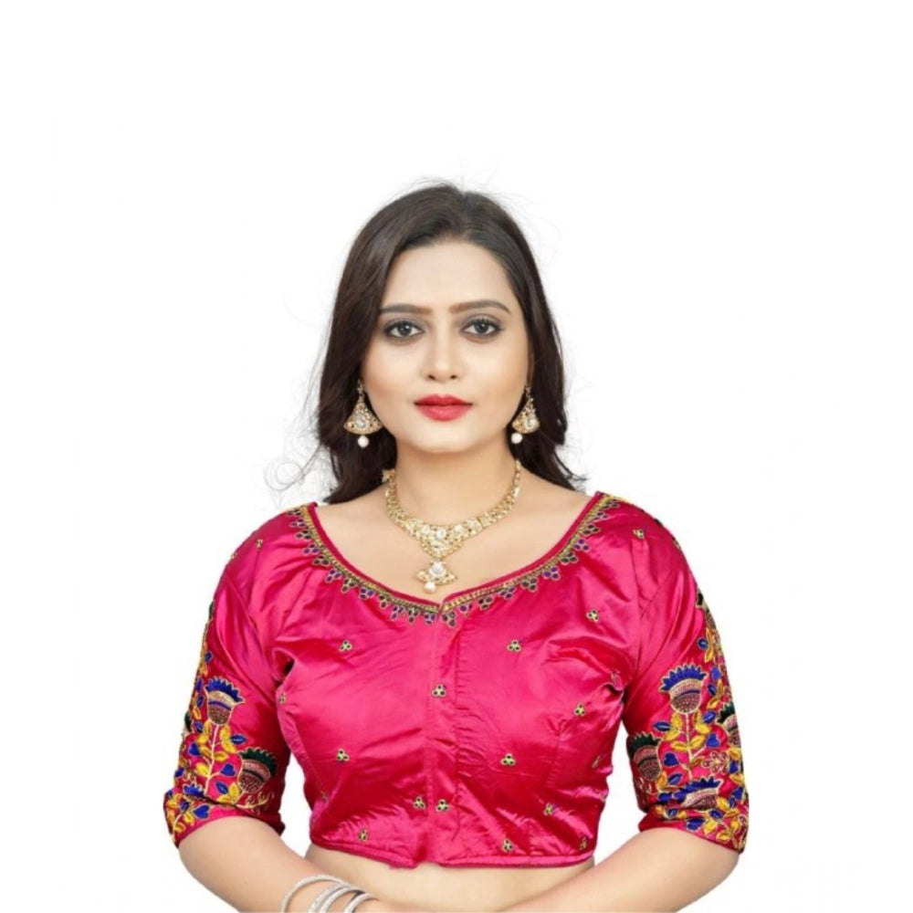 Pink Malai Silk half-sleeve blouse, free size, floral pattern for women