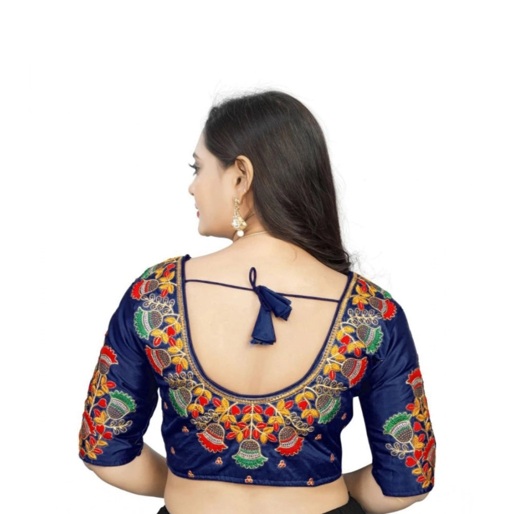 Navy Blue Malai Silk Blouse, floral print half-sleeve round neck on mannequin