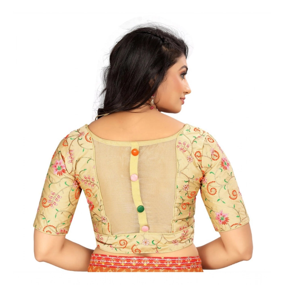 Beige satin short sleeve floral blouse for women, free size