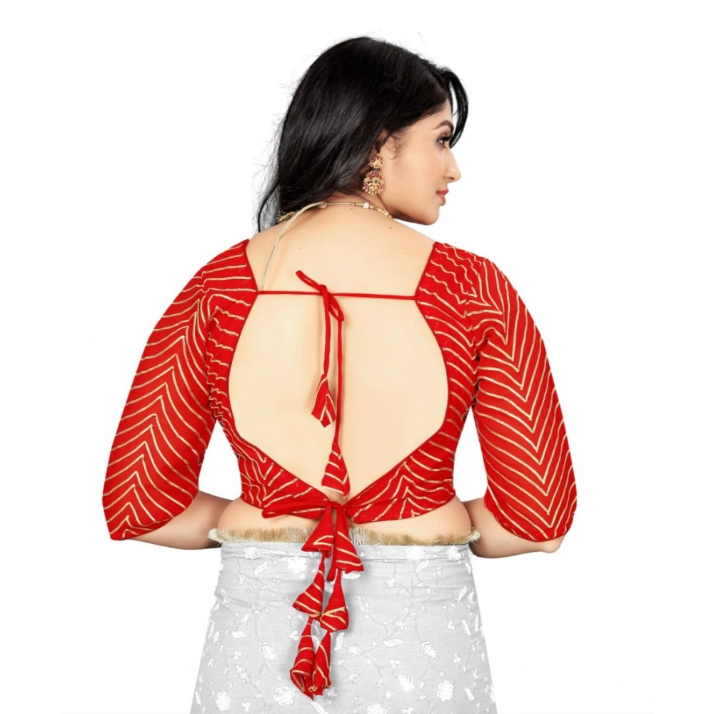 Red Georgette embroidered blouse (free size), V-neck with 3/4th sleeves on display