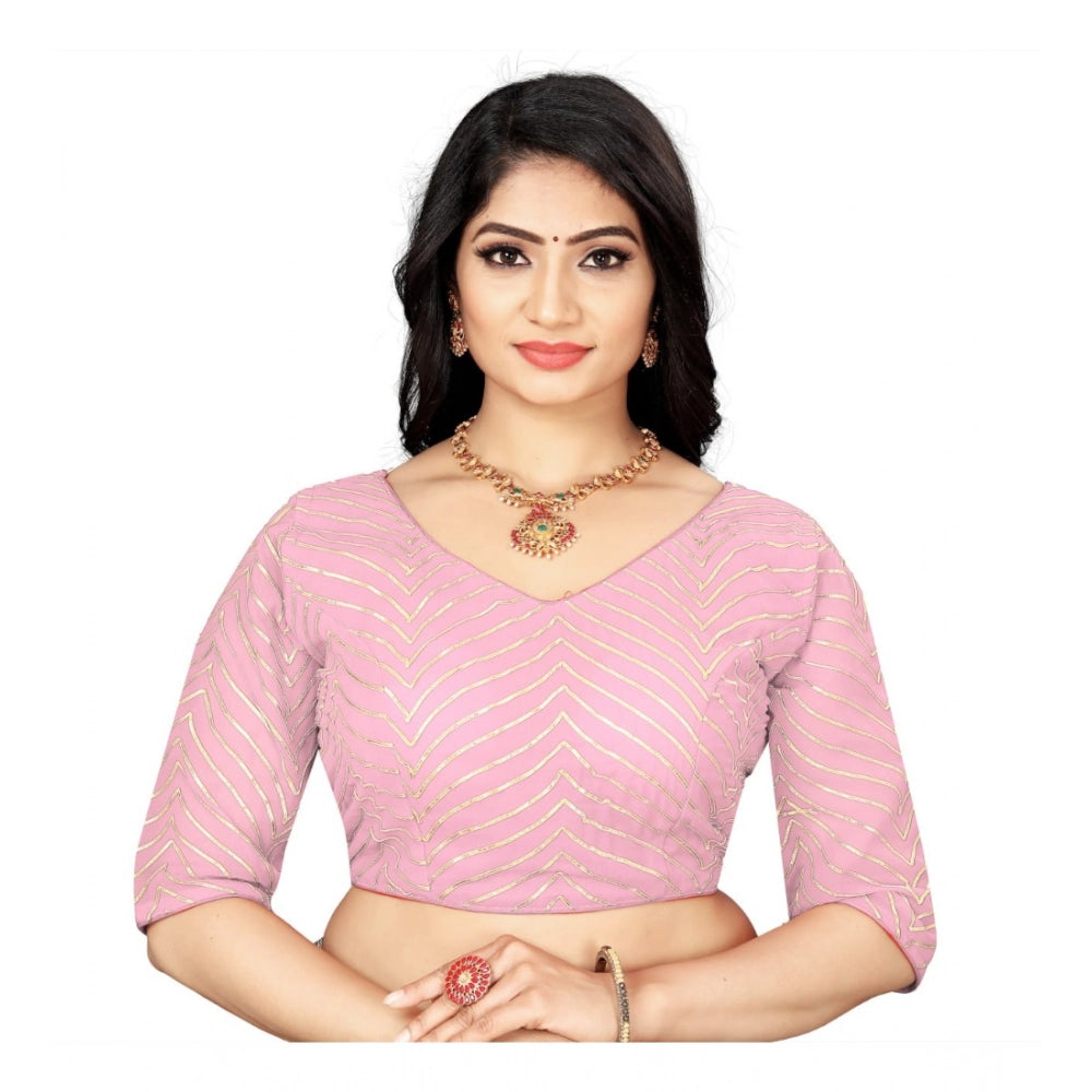 L.Pink Georgette embroidered blouse, free size, V-neck with 3/4 sleeves