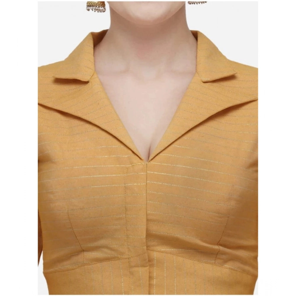 Mustard cotton striped ready-made blouse, free size, classic shirt collar with 3/4 sleeve