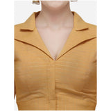 Mustard cotton striped ready-made blouse, free size, classic shirt collar with 3/4 sleeve