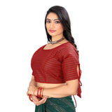 Red cotton thread work readymade blouse, free size, half sleeve, round neck