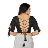 Black cotton thread work readymade blouse, half-sleeve round neck with intricate pattern, women's fashion wear on mannequin