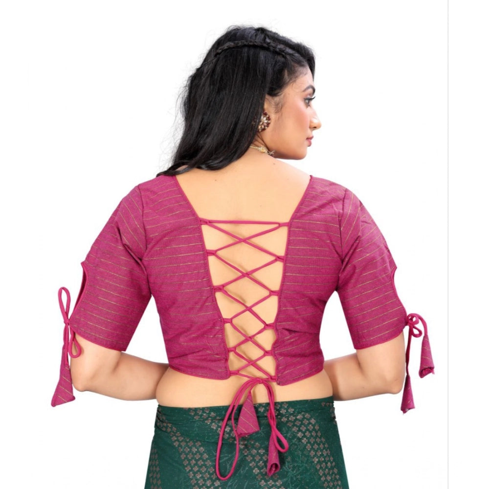 Barbie Pink cotton thread work blouse, free size half-sleeve round neck readymade blouse for women