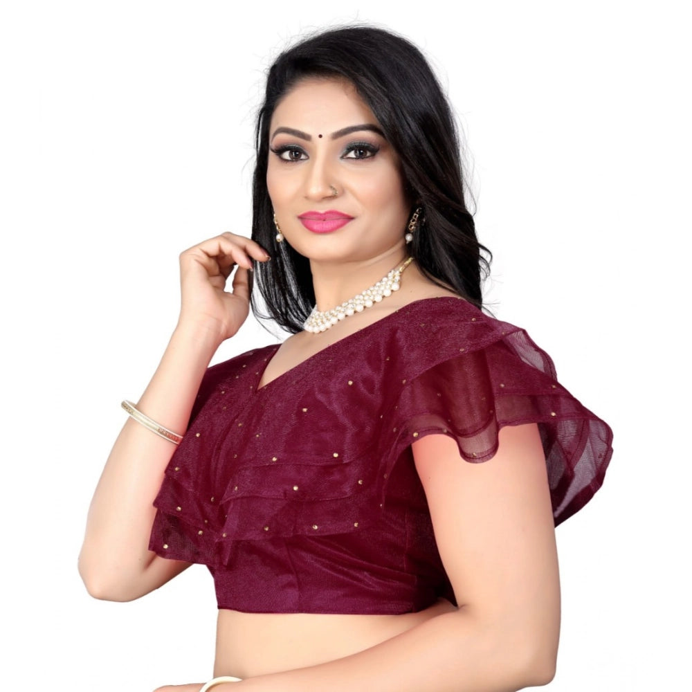 Purple nylon sleeveless v-neck diamond work readymade blouse for women, free size