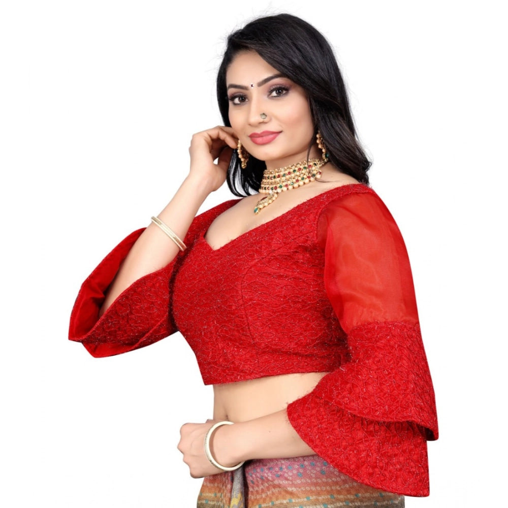 Red organza embroidery blouse, free size ready-made blouse with 3/4 sleeves and sweetheart neck on mannequin