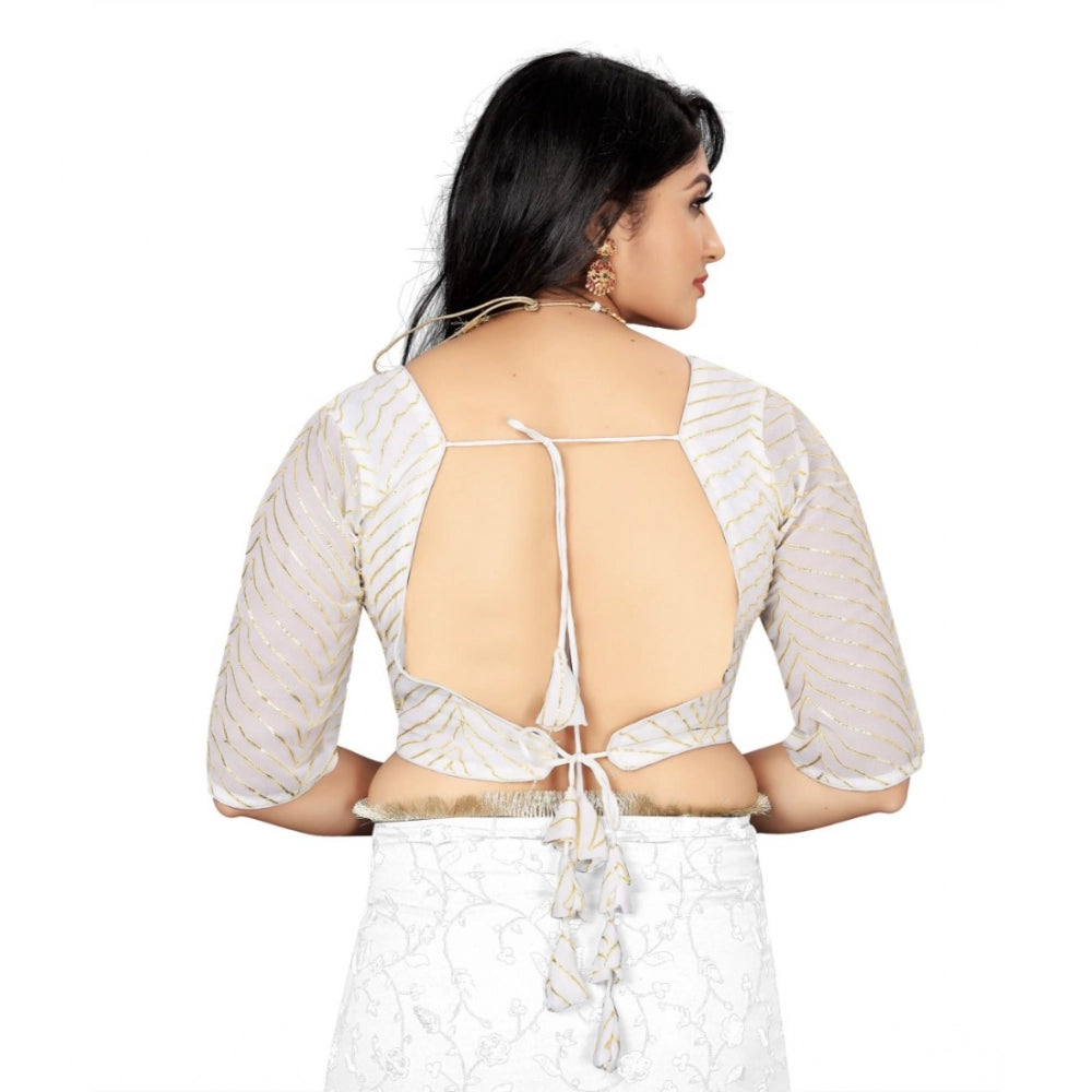 White Georgette embroidery blouse, free size, 3/4 sleeve V-neck style
