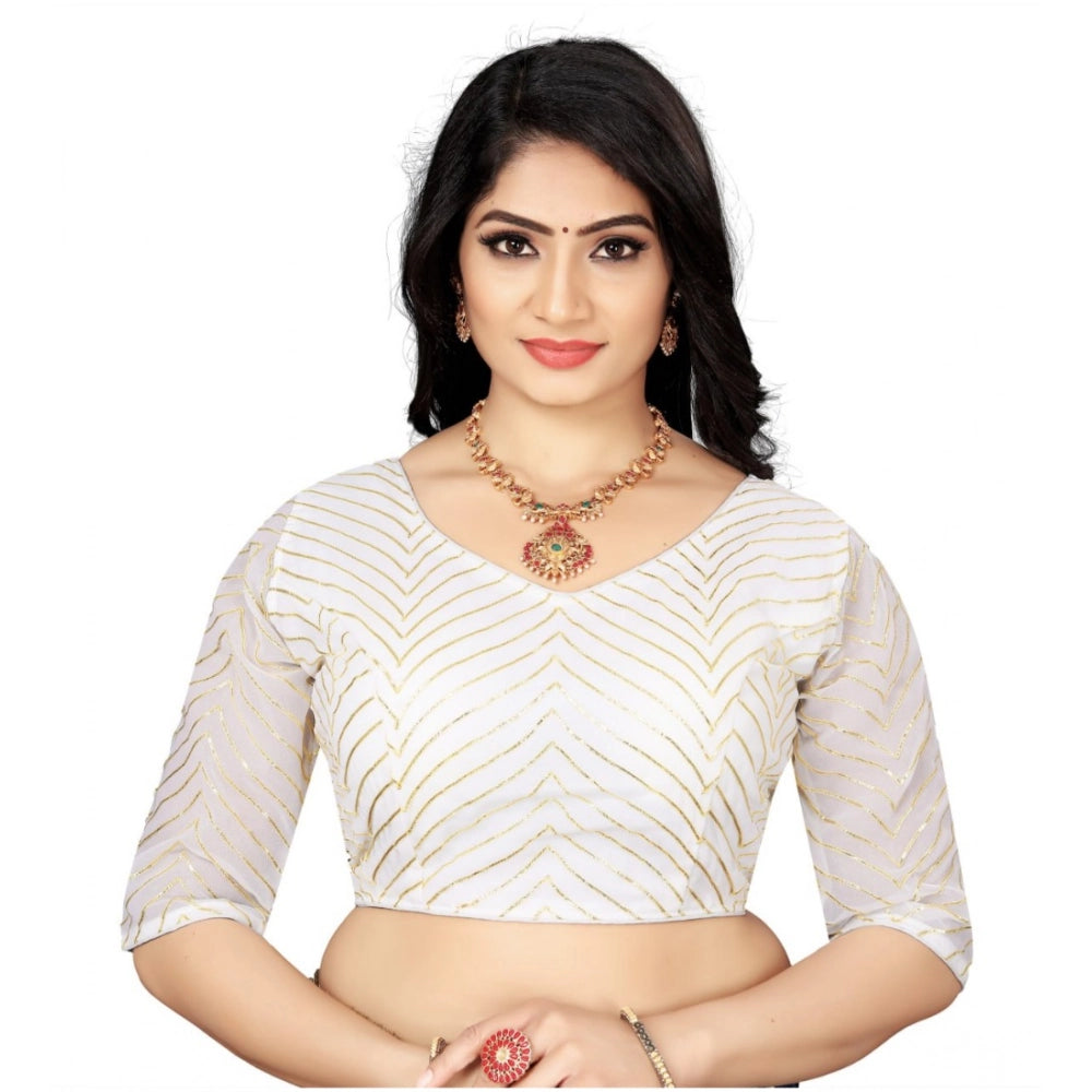 White Georgette embroidered blouse (free size), women's ready-made v-neck with 3/4 sleeves, intricate embroidery pattern visible
