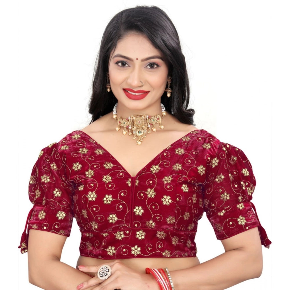 Maroon Jimmy Choo embroidery readymade blouse with half sleeves, free size, vintage-inspired fashion