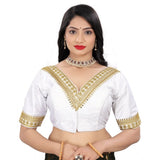White Banglory embroidery blouse (free size), half sleeve, V-neck design on display stand