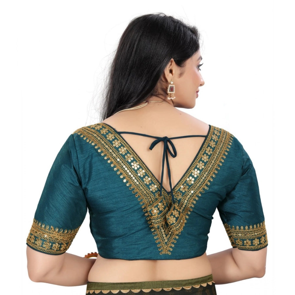 Teal Banglory embroidery readymade blouse, half sleeve, V-neck, free size. Embroidered women's blouse displayed on mannequin