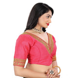 Pink Banglory embroidered blouse, half sleeve v-neck, ready-made for women's fashion