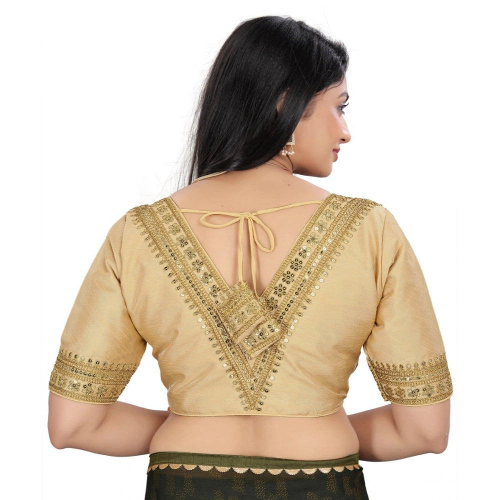 Banglory embroidered beige blouse (free size), half sleeve v-neck ready-made stitched blouse for women