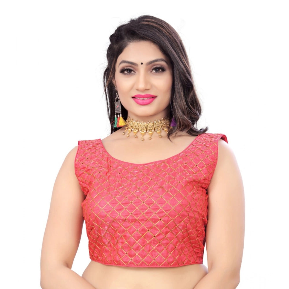 Pink satin embroidered blouse (free size, sleeveless, round neck) - women's fashion accessory on mannequin