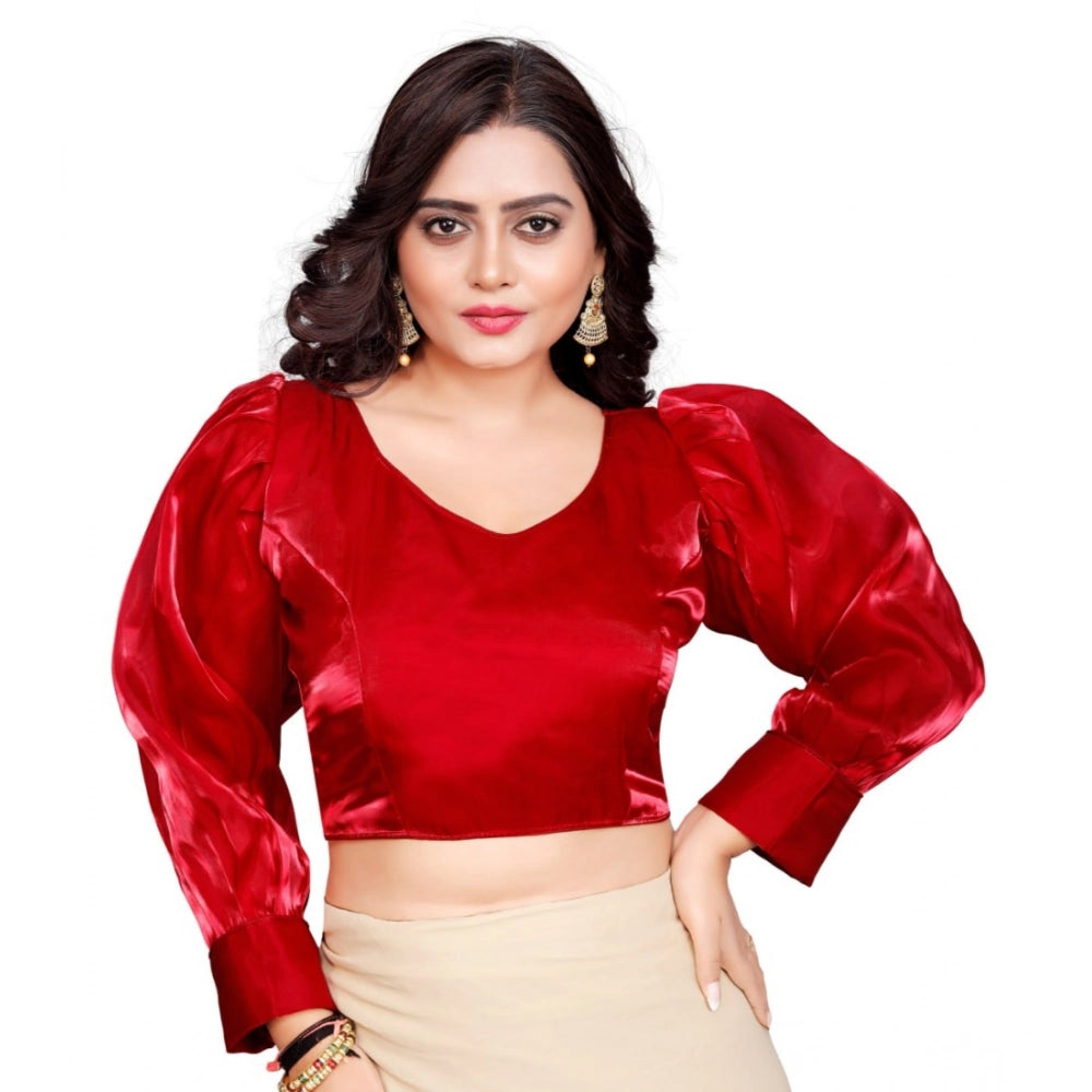 Red organza readymade blouse, long sleeve v-neck design, free size for women's fashion