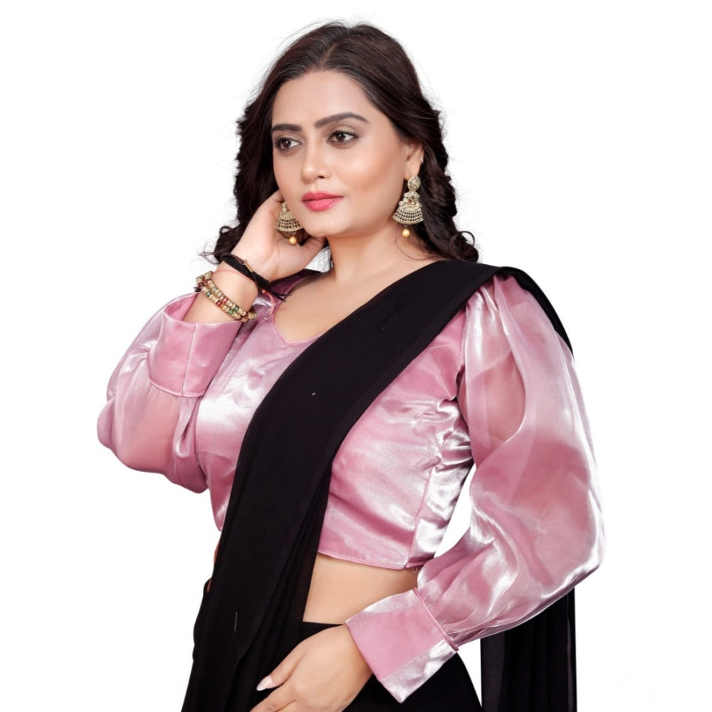 Baby Pink Organza Readymade Blouse - Long Sleeve V-Neck, Free Size for Women