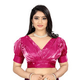 Pink organza readymade blouse, free size, half sleeve, v-neck, plain pattern for women