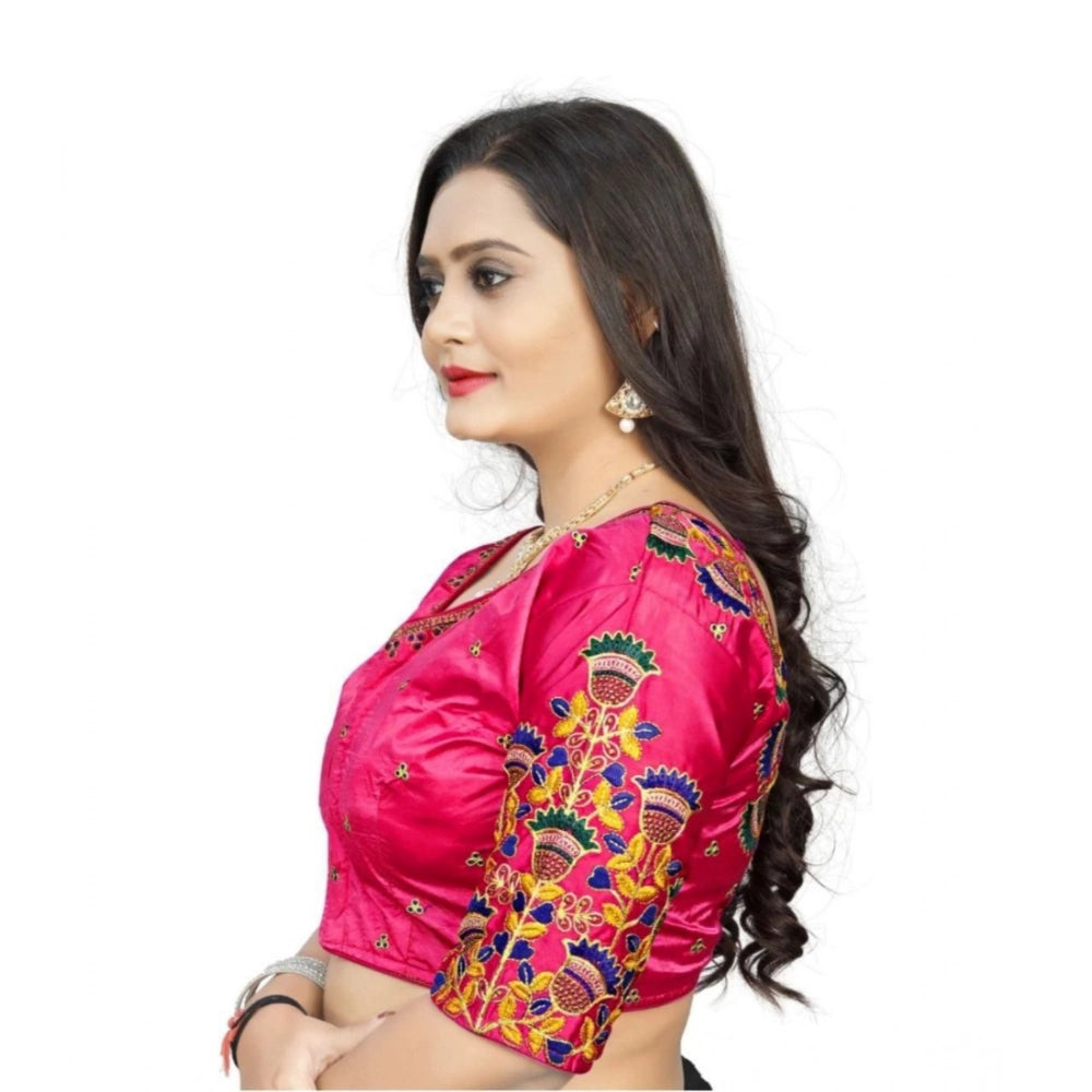 Pink Malai Silk half-sleeve blouse with floral pattern, free size for women