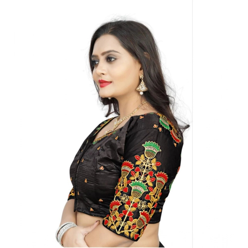 Black Malai Silk floral blouse (half sleeve, round neck), free size, ready-made on mannequin