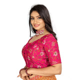 Pink satin floral readymade blouse (free size), short sleeve, round neck, stitched blouse pattern