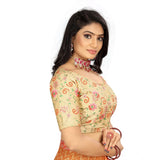 Beige satin short-sleeved floral blouse (free size), ready-made women's fashion on mannequin