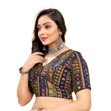 Navy Blue Cotton Blend Readymade Short Sleeve V-Neck Blouse for Women