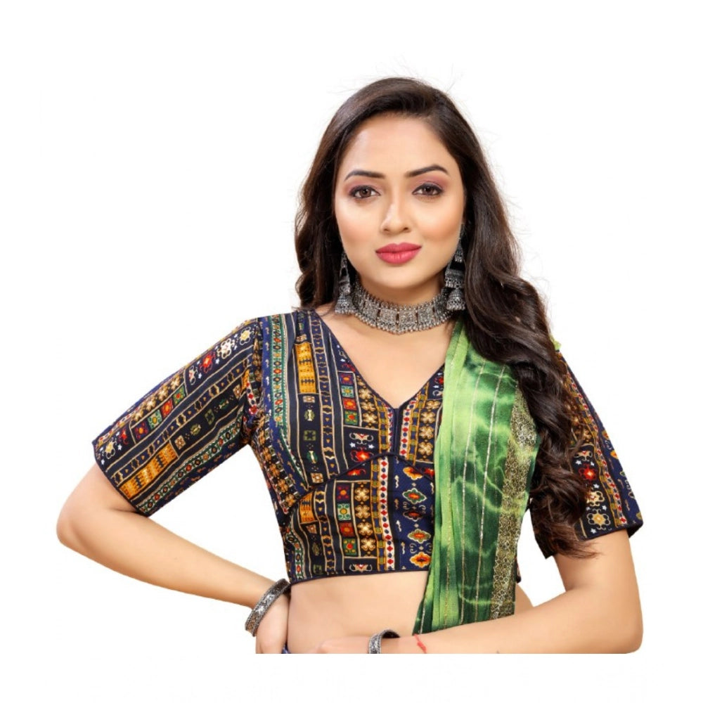 Navy Blue Cotton Blend Readymade Blouse for women, short sleeve V-neck style, plain pattern, free size