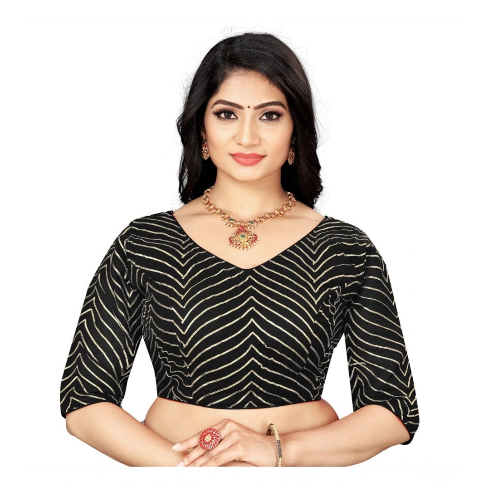 Black Georgette embroidered blouse, women's ready-made free size V-neck with 3/4 sleeves, intricate pattern detail on display