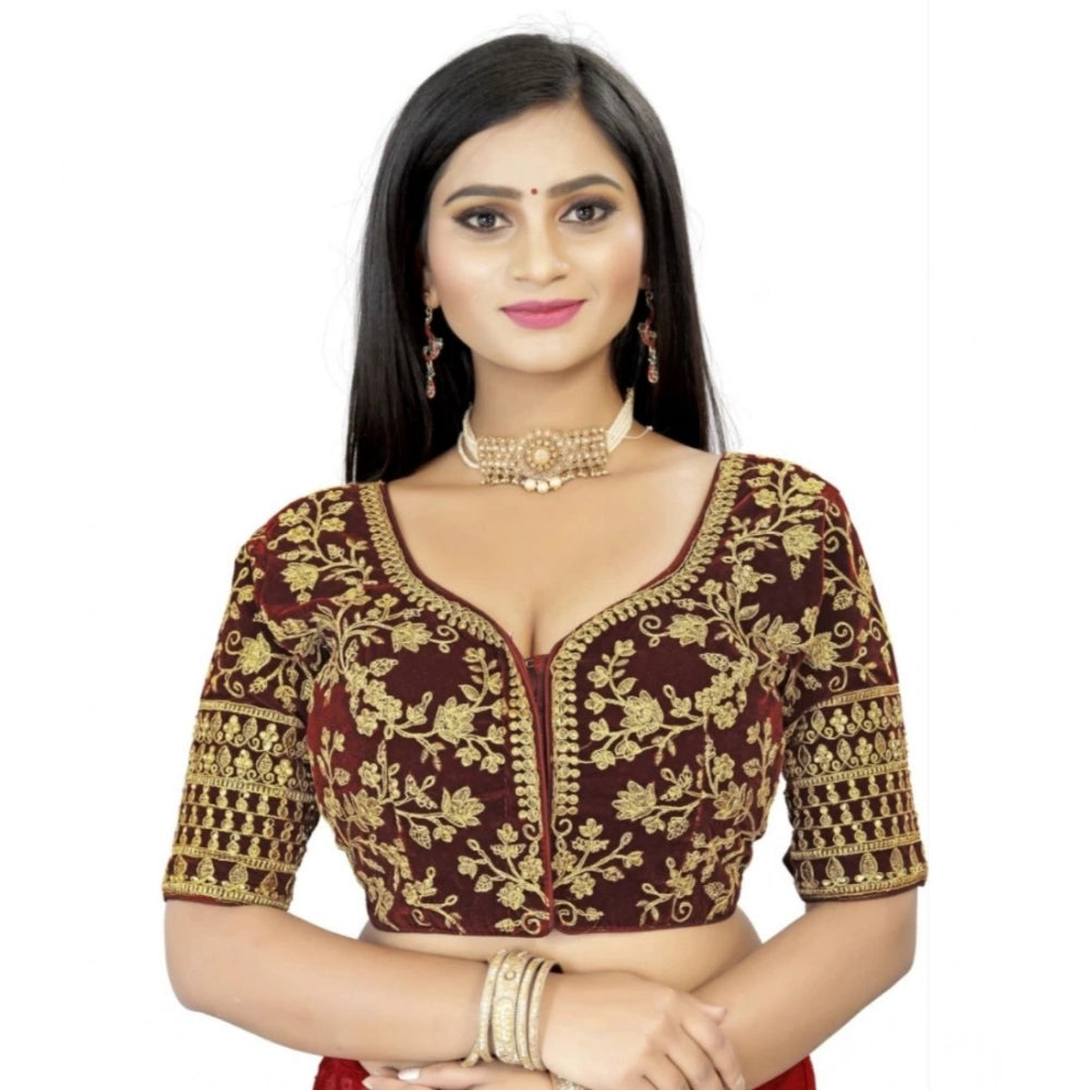 Brown velvet embroidered blouse, free size ready-made women's half sleeve sweetheart neck top with intricate patterns