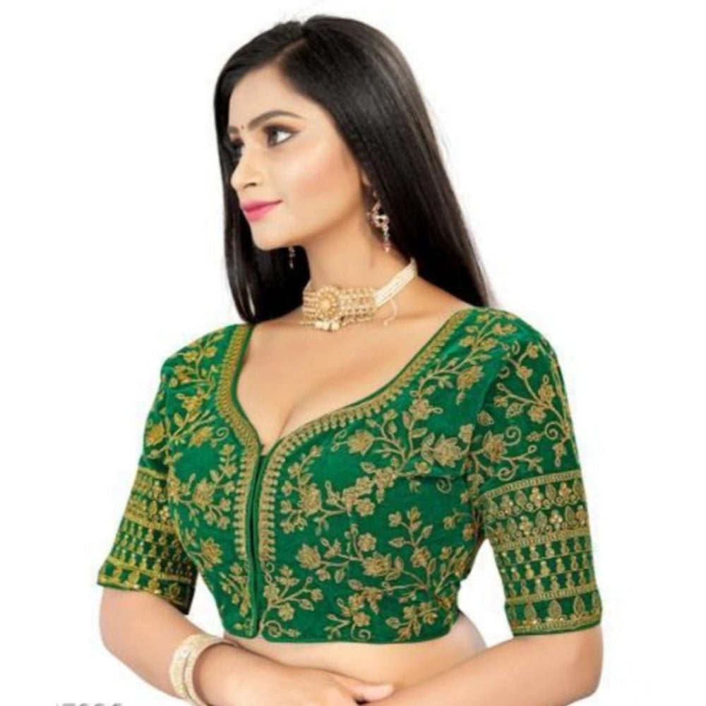 Green velvet embroidered blouse, free size, half sleeve, sweetheart neck