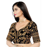 Black velvet embroidered blouse (free size), half sleeve sweetheart neck with intricate pattern detail