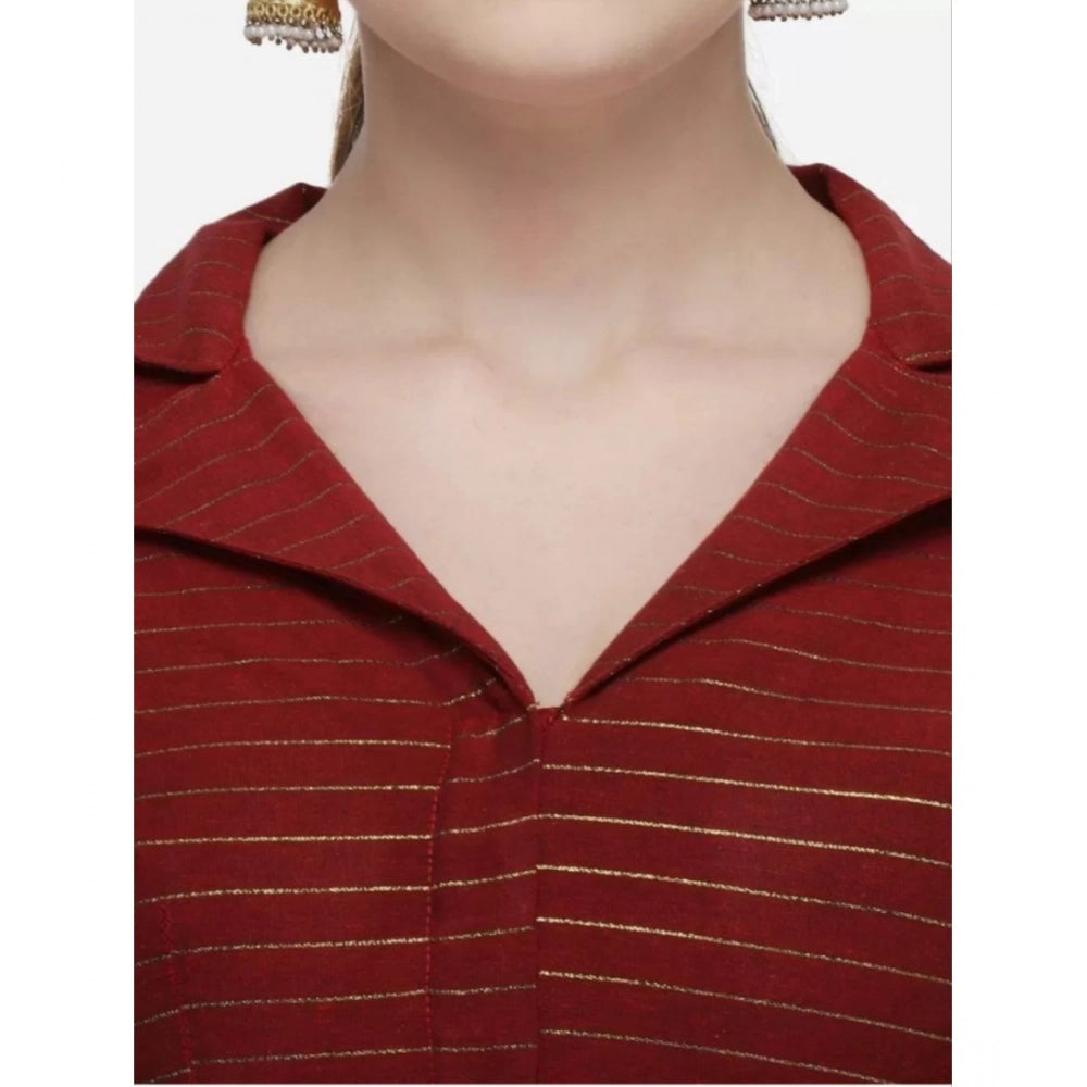 Maroon striped cotton readymade blouse, free size, 3-4th sleeve with shirt collar