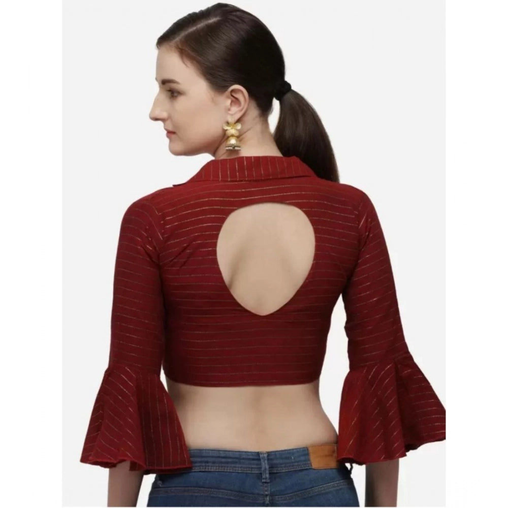 Maroon cotton striped ready-made blouse for women with 3/4 sleeves and shirt collar, free size
