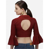 Maroon cotton striped ready-made blouse for women with 3/4 sleeves and shirt collar, free size