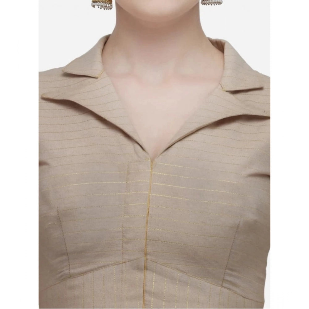 Beige free size cotton striped ready-made blouse for women - 3/4 sleeves, shirt collar
