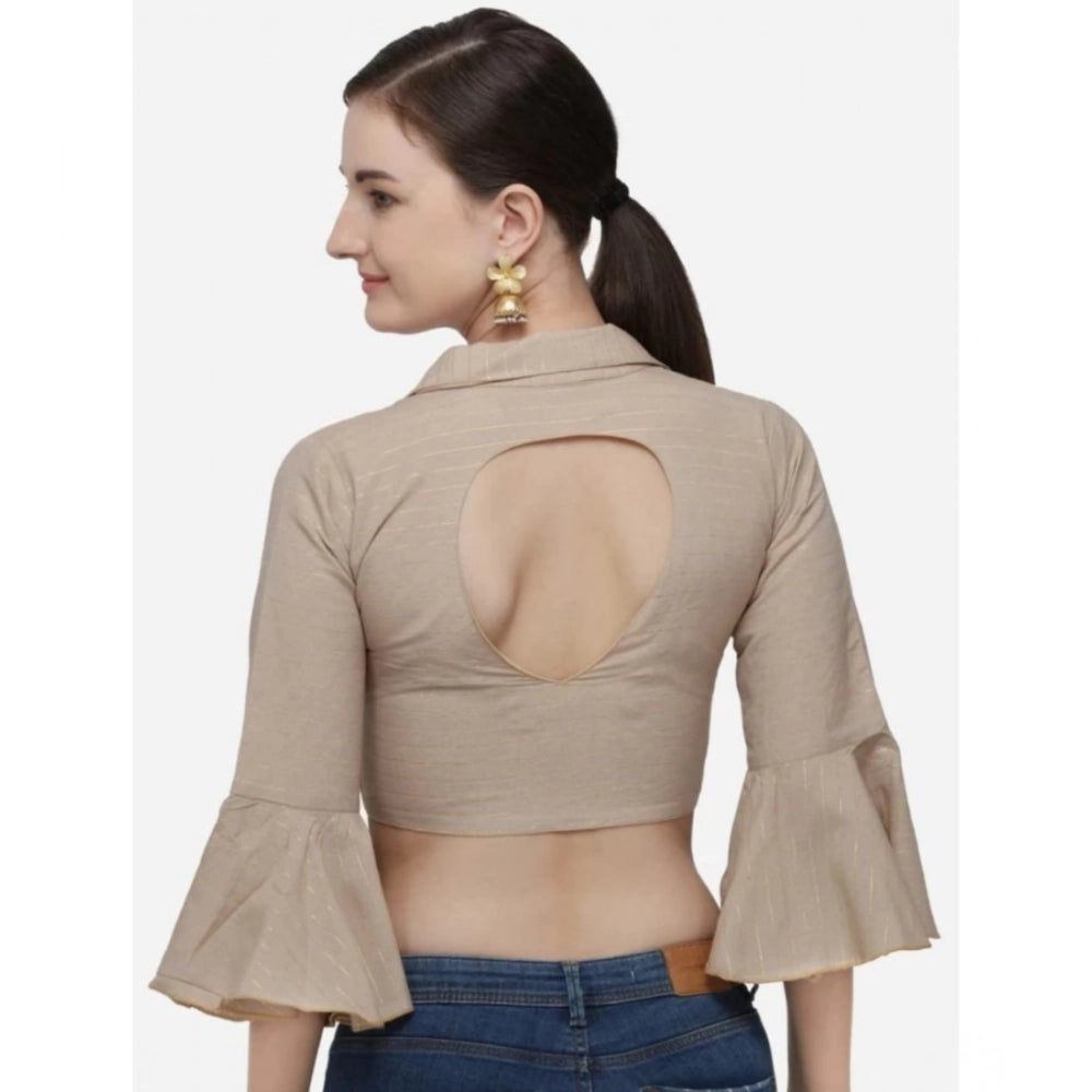 Beige free size cotton striped readymade blouse for women with 3/4 sleeves and shirt collar