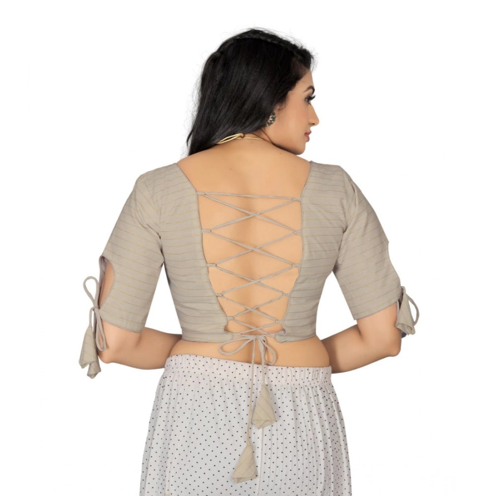 Cream cotton thread work blouse, half sleeve, round neck, free size for women's fashion