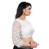 White nylon net embroidered blouse, free size, 3/4 sleeve, V-neck design