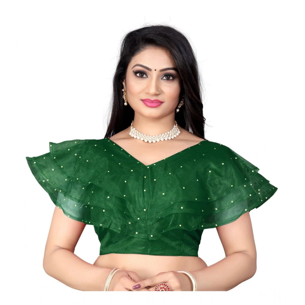 Green nylon sleeveless v-neck diamond work readymade blouse for women, size free size