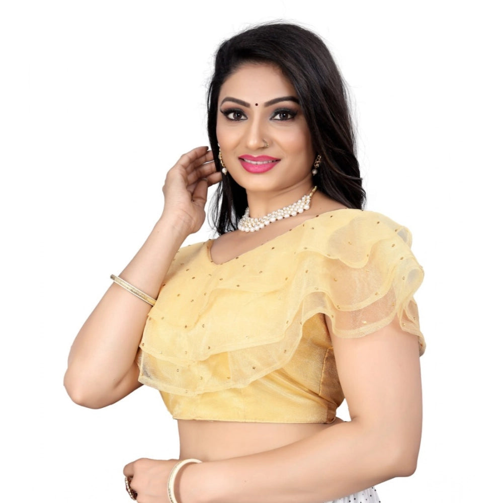 Beige nylon sleeveless v-neck diamond work blouse for women - ready-made, free size