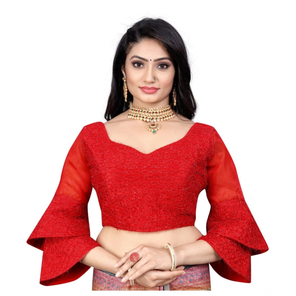 Red organza embroidered blouse, free size, three-quarter sleeves with sweetheart neckline
