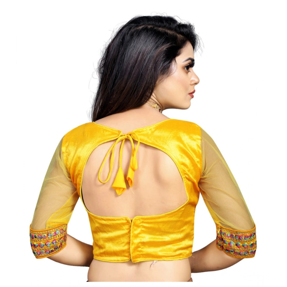 Yellow Phantom Silk embroidered blouse for women - free size, round neck, 3/4 sleeves
