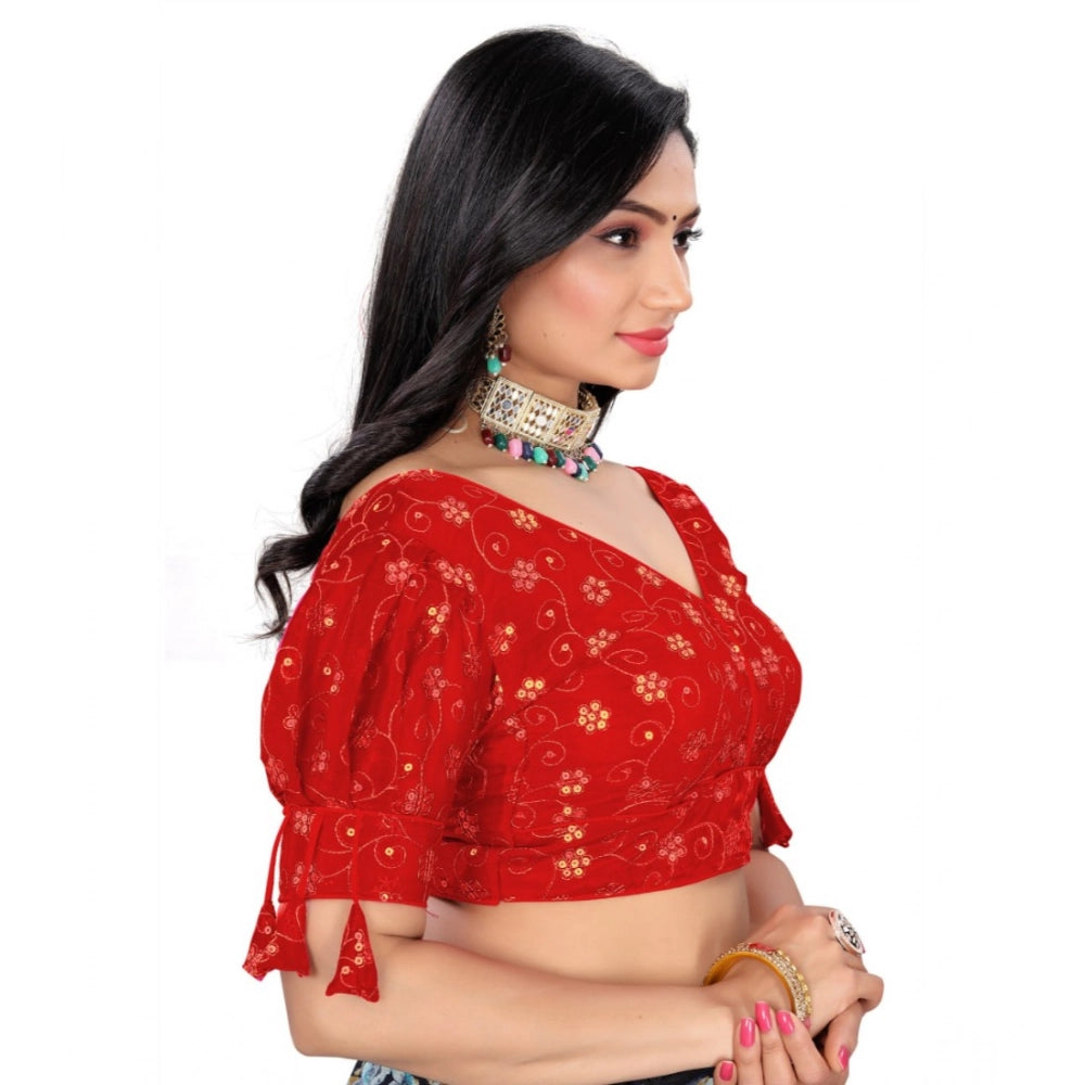 Red Jimmy Choo embroidered blouse with v-neck and half sleeves, ready-made on hanger