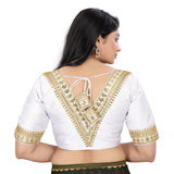 White Bangalore embroidery blouse (free size), half sleeve v-neck ready-made blouse with intricate patterns on free size, women's Bangalore blouse for formal wear