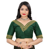 Green Banglory embroidered blouse (half sleeve, v-neck design), ready-made blouse for women on display stand