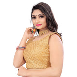 Beige satin sleeveless blouse with embroidery pattern for women, free size fit